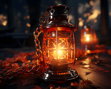 Lantern on the table in the autumn forest. 3d renderingの素材