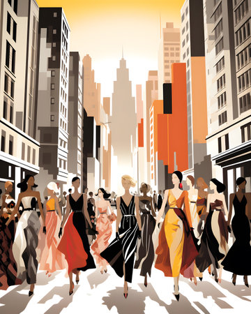 Fashionable girls walking in the city at sunset. Vector illustration.の素材