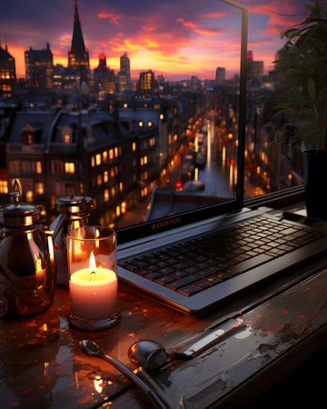 Laptop on the table with a view of the city at sunsetの素材