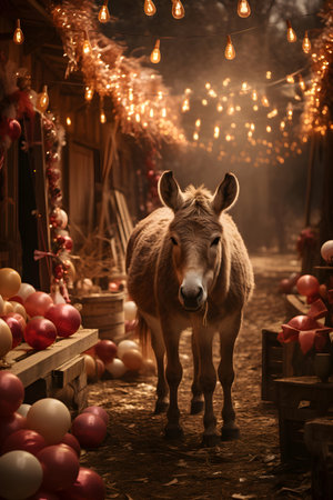 Donkey in the village with a garland of red and white balloonsの素材
