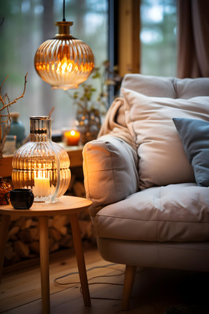 Cozy living room interior with candles, cushions and armchairの素材
