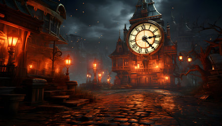 Halloween night scene with old town and clock. 3d renderingの素材