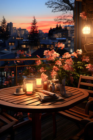 Beautiful sunset on the terrace of a cafe with a view of the cityの素材