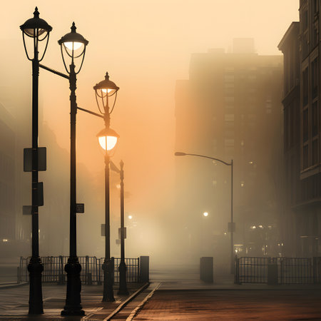 City street lights in a foggy morning. 3D renderingの素材