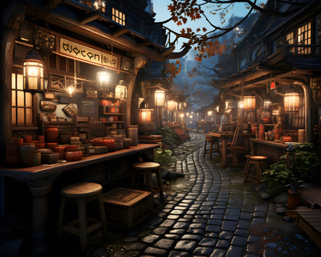 Street in the old town in a foggy night, 3d renderの素材