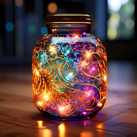 Glass jar with colorful bokeh lights inside. 3D renderingの素材