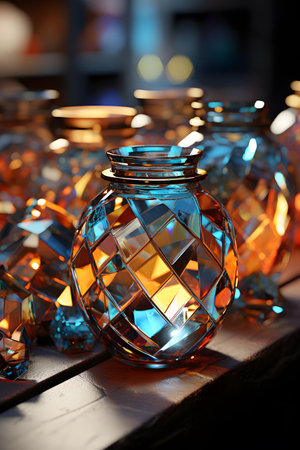 Beautiful glass vases on wooden table, close-up.の素材