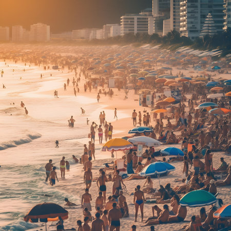 Crowd of people on the beach at sunset, Rio de Janeiro, Brazilの素材