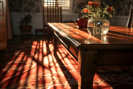 Wooden table with vase of flowers in room, closeupの素材