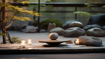 Spa setting with candles, stones and plants in the background.の素材