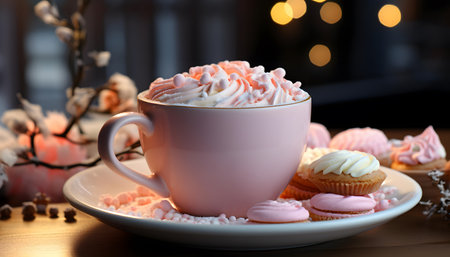 Cup of coffee with cupcakes on wooden table, closeupの素材