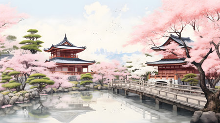 Japanese garden with cherry blossom and temple in the background. Digital painting.の素材