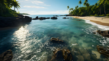 Tropical beach with palm trees at Seychelles, Maheの素材