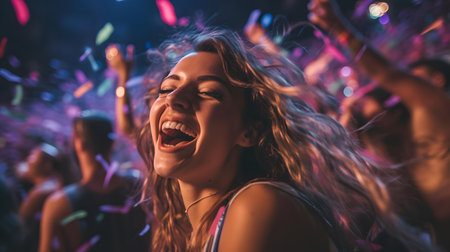 Portrait of a young woman dancing at a nightclub with confetti.の素材