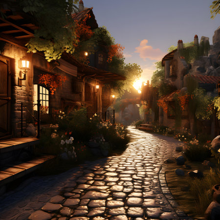 3d render of a fairy-tale village in the evening.の素材