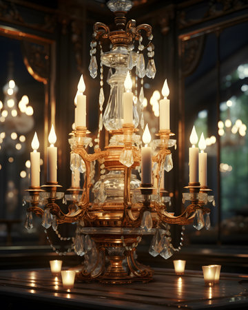 Vintage crystal chandelier with burning candles in dark room.の素材