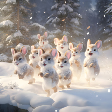 Group of rabbits in the winter forest. Happy Easter concept.の素材