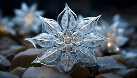 Close-up of crystal snowflake on stone background. Shallow depth of fieldの素材