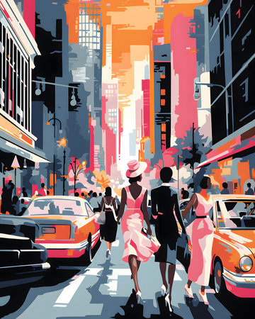 Young woman walking on the street in New York City, vector illustrationの素材