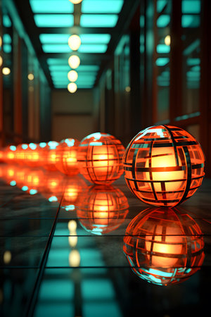 3d rendering of a group of spheres in a corridor at nightの素材