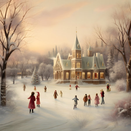 Winter fairy tale scene with children in front of a beautiful wooden houseの素材