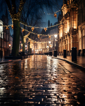 Wet street with Christmas lights at night, London, UKの素材