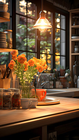 Cup of coffee and vase with flowers on table in cafeの素材