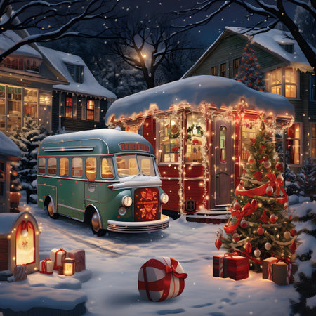 Christmas and New Year holidays in the village with a retro bus.の素材