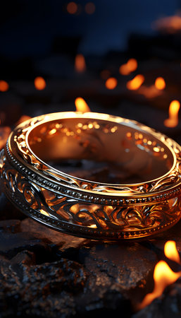 Burning candle in the form of a ring on a dark backgroundの素材