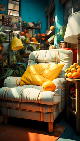 Vintage chair with cushions in a tropical garden, retro styleの素材