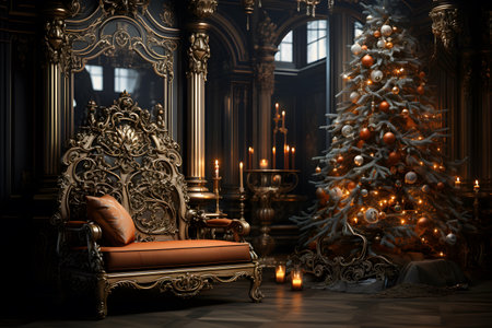Luxury rich interior of the living room with a Christmas tree, fireplace and armchair. Christmas decorations.の素材