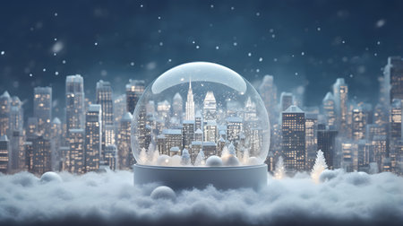 Snow globe with cityscape and snowflakes. 3D renderingの素材