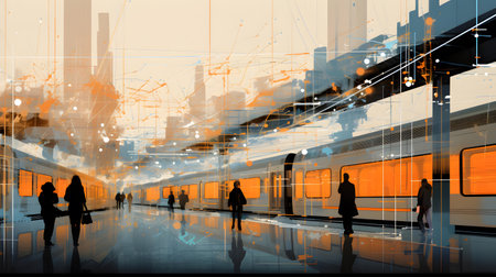 Silhouette of business people and train in the city at sunsetの素材