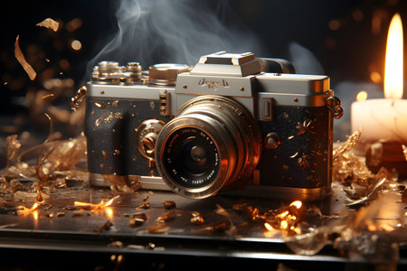 Vintage camera with shavings and burning candle on dark backgroundの素材