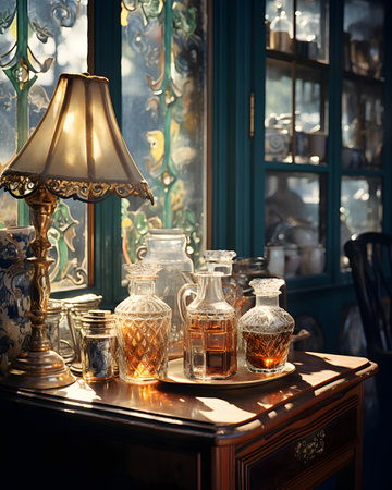 Vintage interior of a shop window with antique furniture and decorative objectsの素材