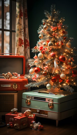 Christmas tree with gifts and old radio in the interior of the roomの素材