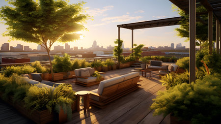 3d render of terrace with a view of the city.の素材