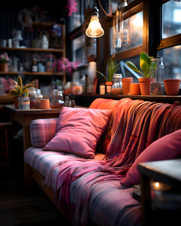 Interior of a cozy coffee shop with pink pillows on the sofaの素材