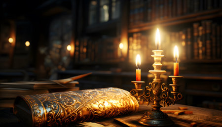 Burning candles in candlestick and old book on wooden tableの素材