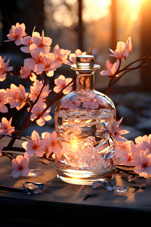 Bottle of perfume and pink sakura blossoms on wooden tableの素材