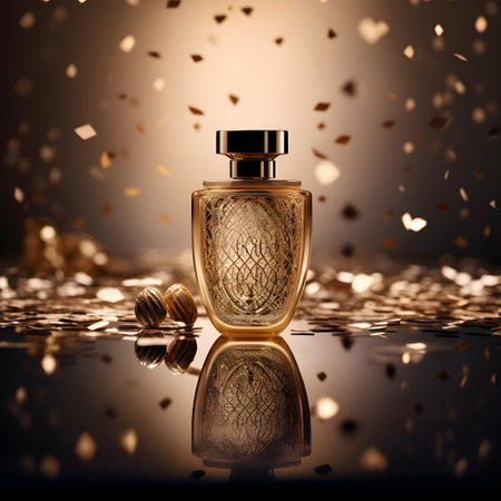 Beautiful perfume bottle with golden confetti on a dark background.の素材