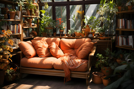 Cozy living room interior with sofa and plants. Cozy atmosphereの素材