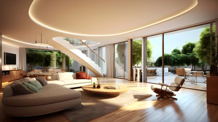 3D rendering of a modern living room with a beautiful view.の素材