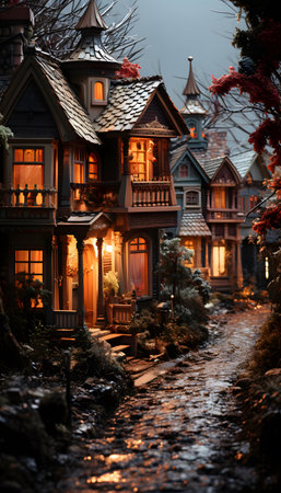 Halloween night scene with wooden houses in the forest. Halloween concept.の素材