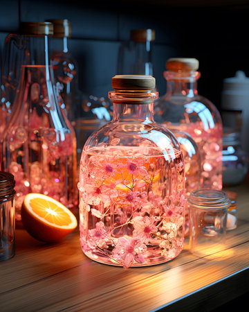 Essential oil in a glass bottle on a wooden table. Close upの素材
