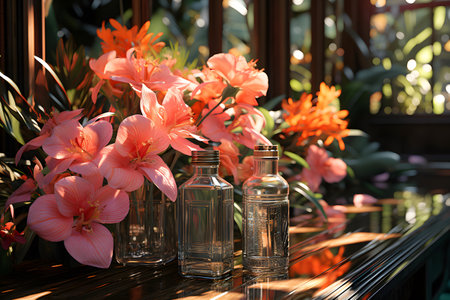Bottles of perfume and flowers on table in cafe, closeupの素材