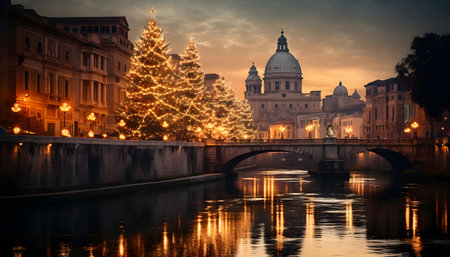 Santa Maria della Salute church and Christmas tree in Rome, Italyの素材
