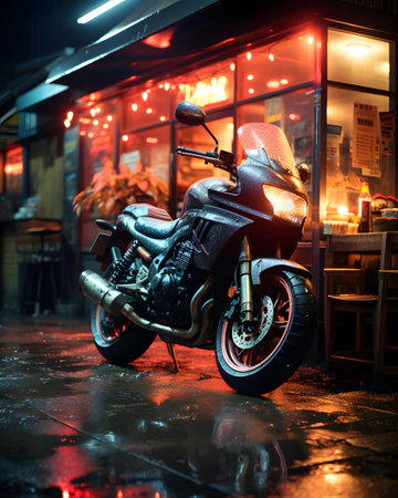 Night view of a classic motorcycle parked in a street cafe. Night city.の素材