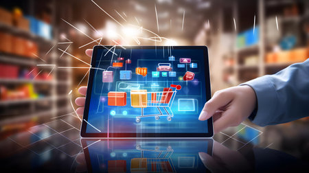 Close-up image of hands using tablet pc with shopping cart iconの素材