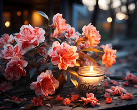 Camellia flowers and burning candle on old wooden table.の素材